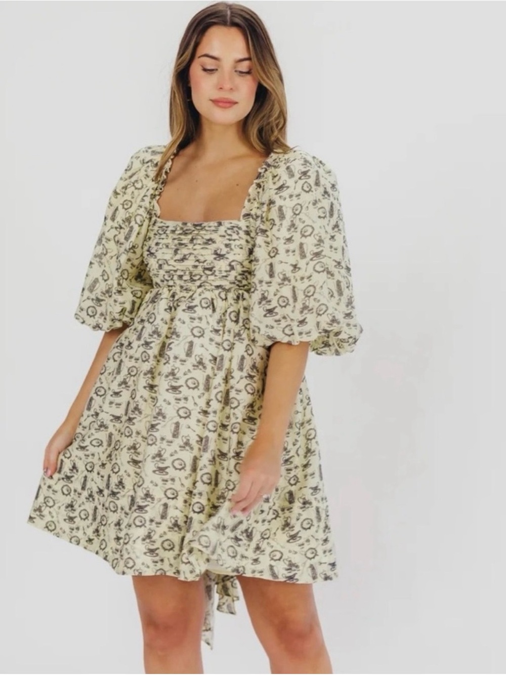 Worth Collective Square Neck Puff Sleeve Floral Mini Dress in Vintage Tea